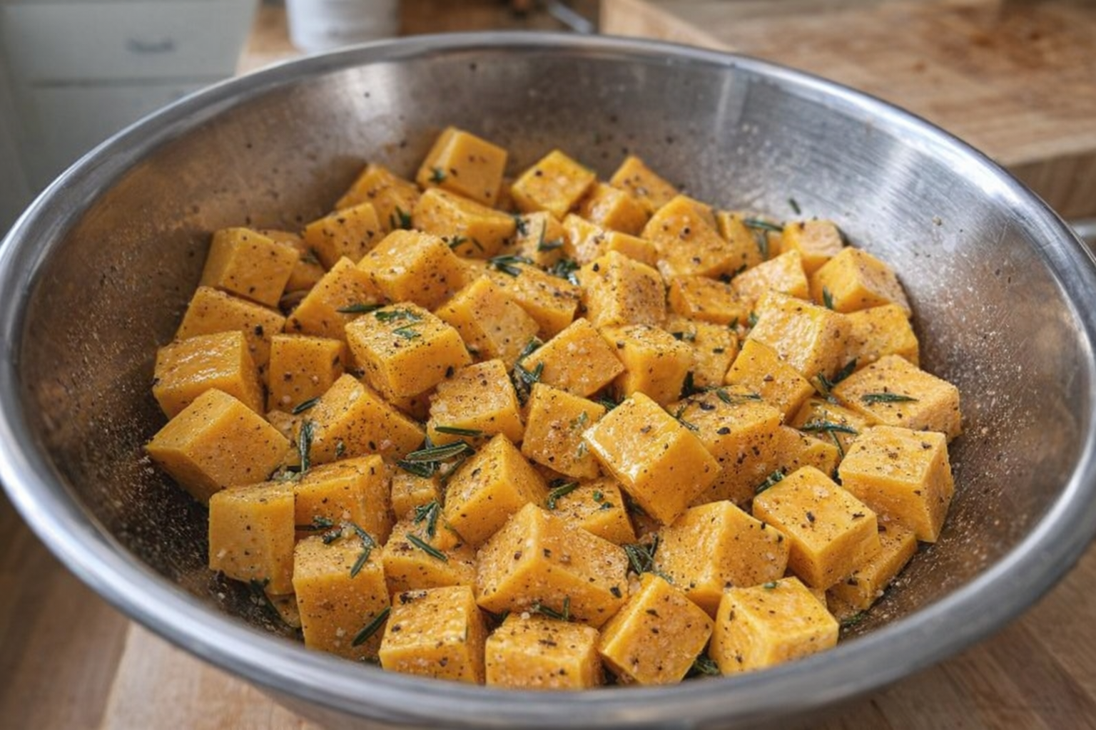 Close-up, overhead shot of raw butternut squash cubes tossed with olive oil, salt, pepper, and fresh rosemary in a stainless steel bowl, natural kitchen lighting